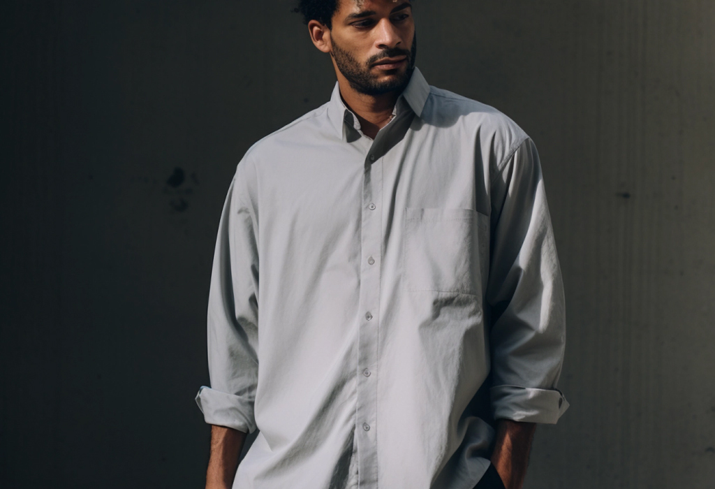 man wearing untucked oversized dress shirt with rolled sleeves