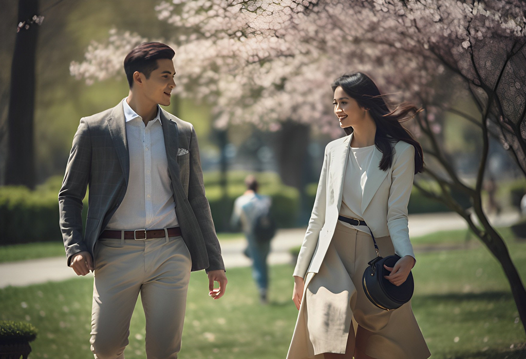 romantic couple walking in blossom garden