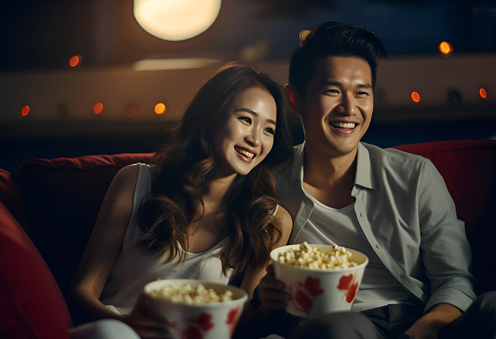 man and woman watching movie in cinema eating pop corn