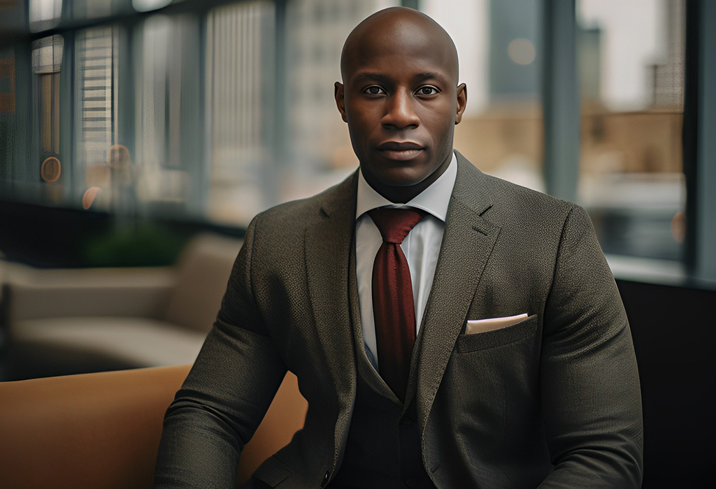 fully bald black guy wearing suit with pocket square