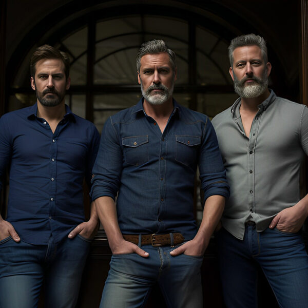 three older guys wearing jeans