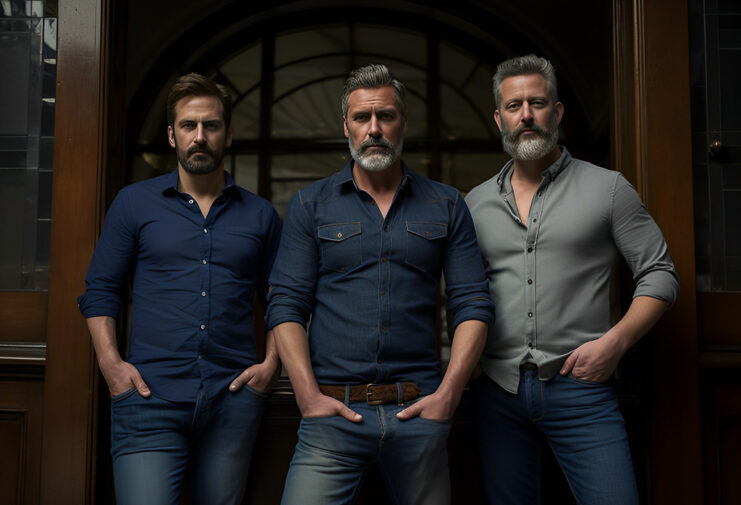 three older guys wearing jeans