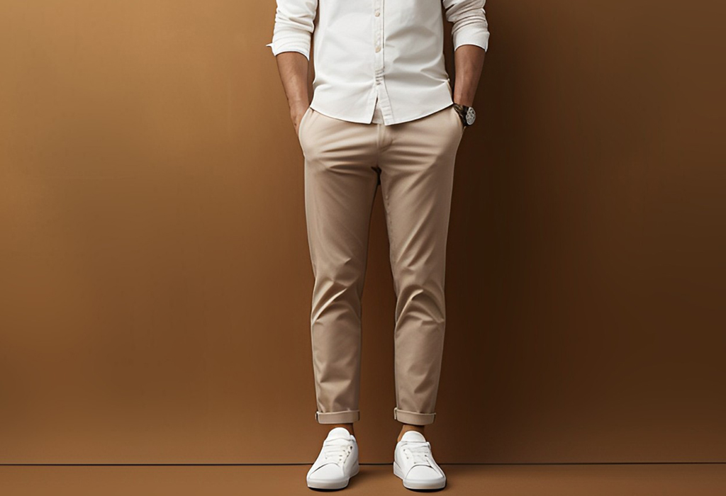 guy wearing chinos and white sneakers