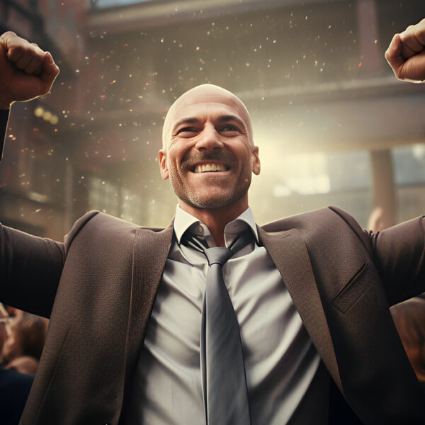 bald man celebrating success