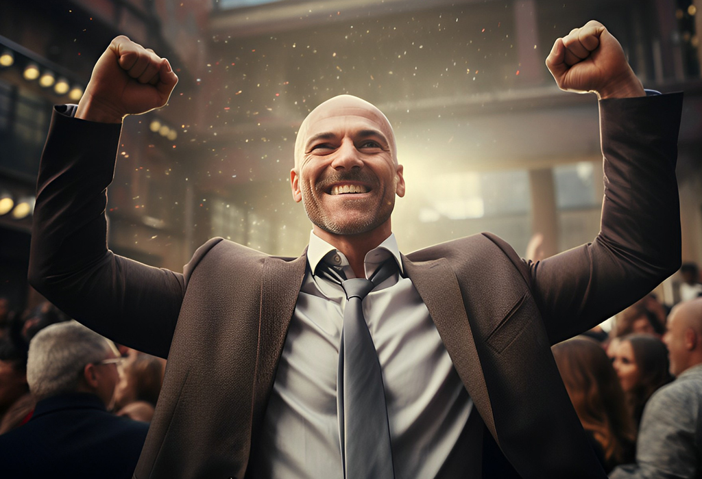 bald man celebrating success