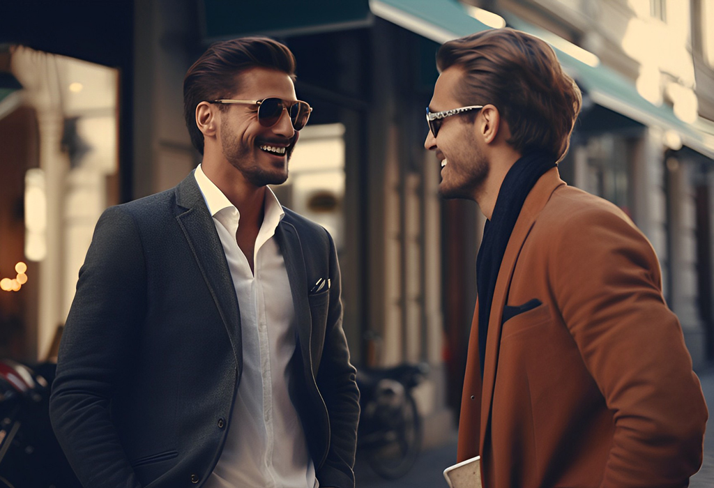 two well dressed men friendly talking in the middle of the street
