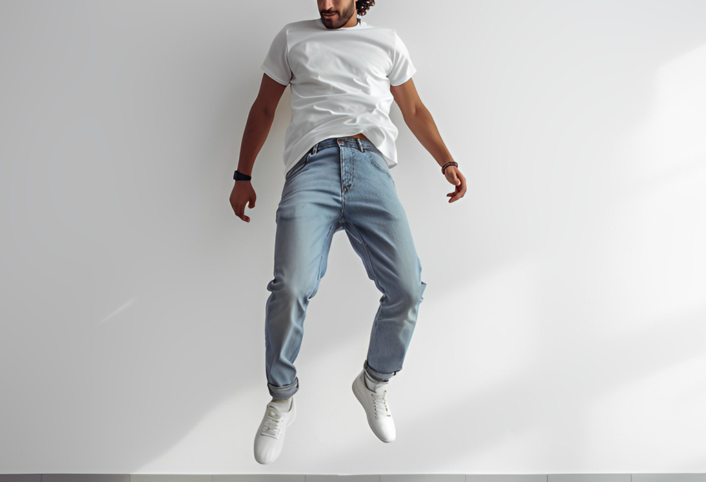 man wearing high rise jeans