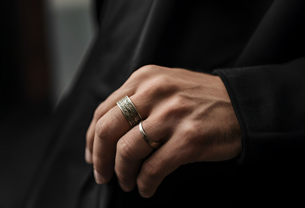 man wearing multiple rings on same hand