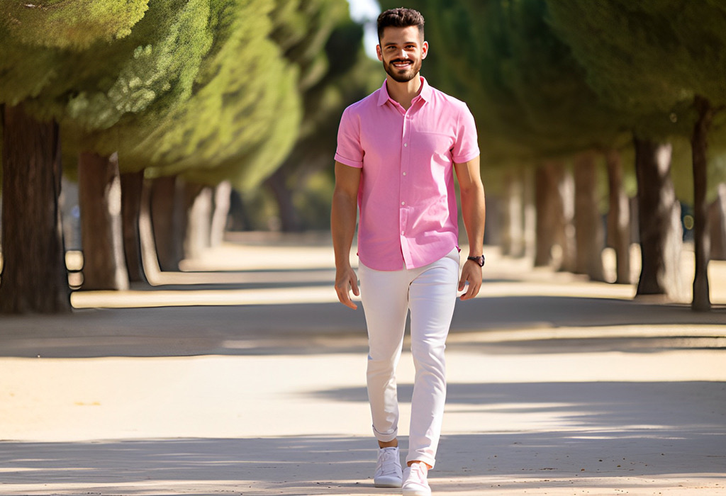 Man in pink short sleeve shirt