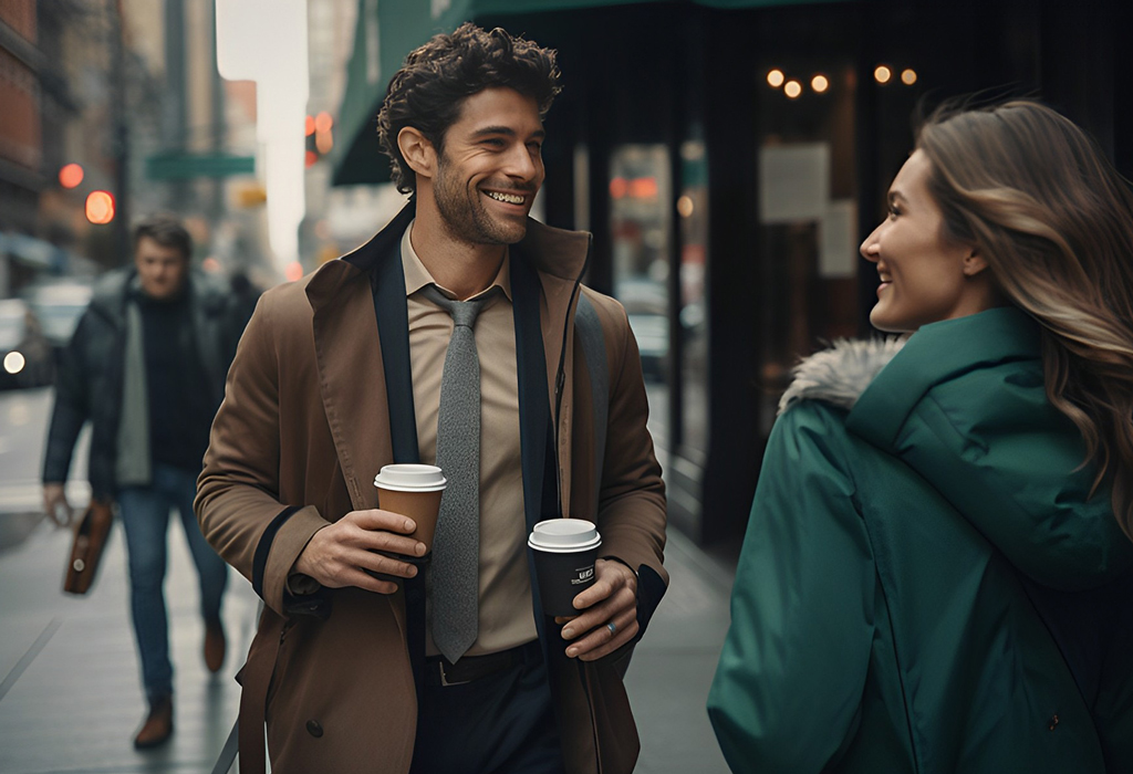 man pays attention and offers coffee to a girl