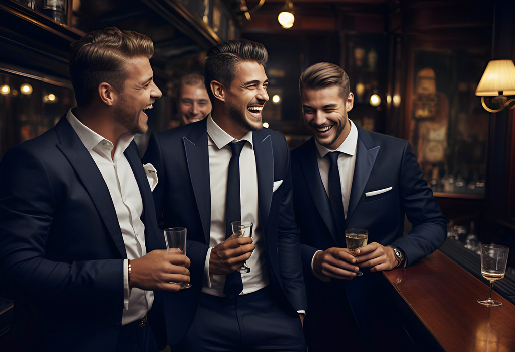 company of well dressed men having fun in social setting