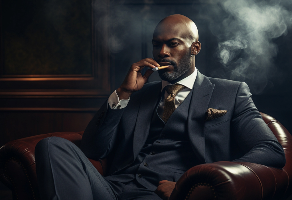 bald man is smoking cigar