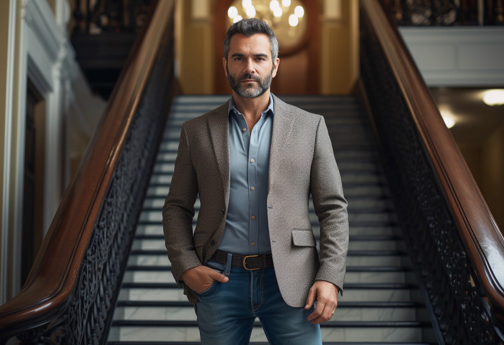 man in a suit jacket with jeans