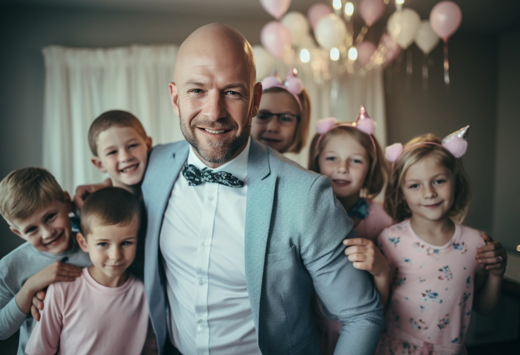 bald guy surrounded by multiple kids
