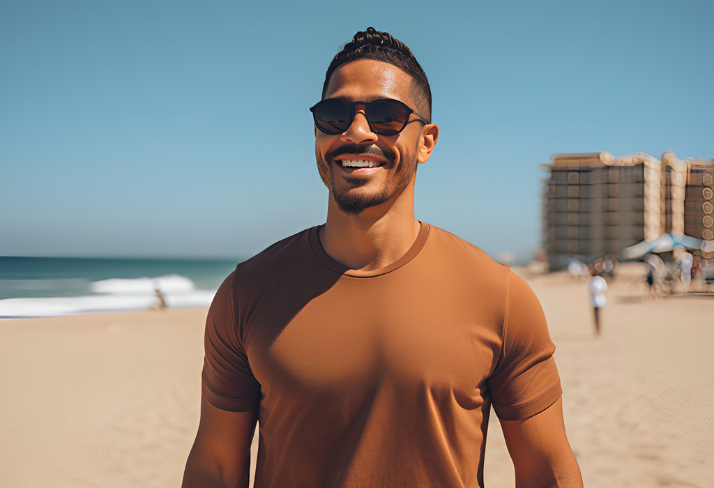 guy wearing well fitted t-shirt on a beach