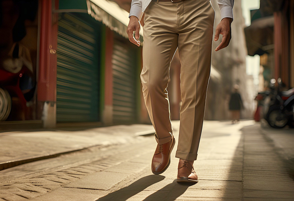 man wearing khakis walking down the street