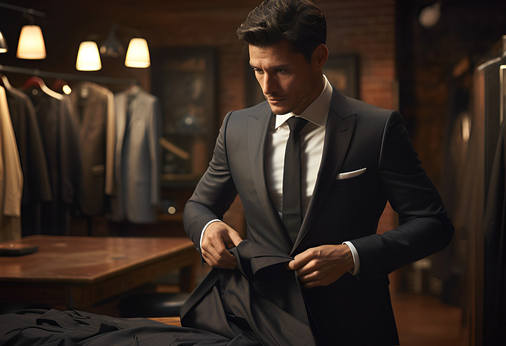 man wearing a suit in a custom suit store