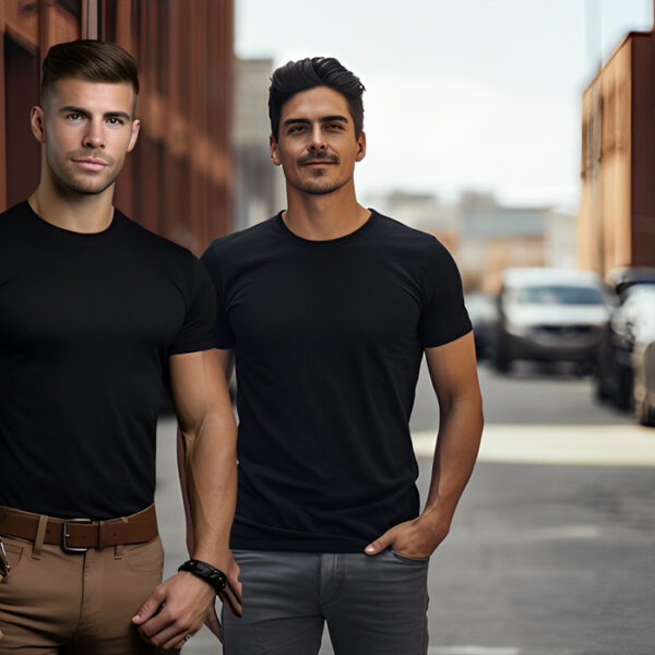 2 men wearing tucked and untucked t-shirts