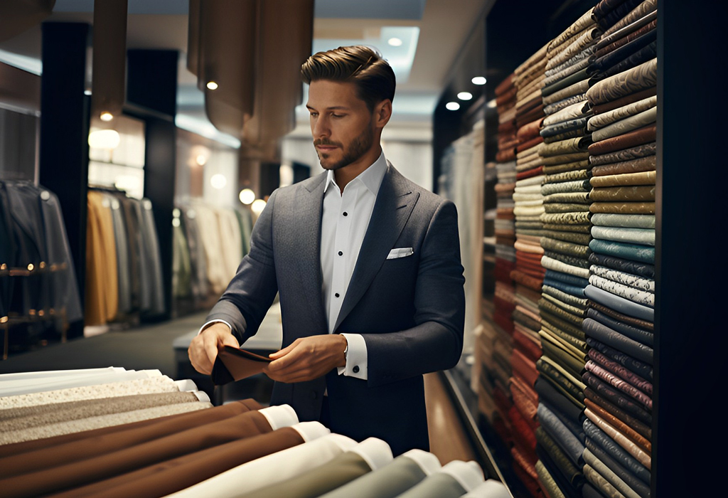 a man wearing a tieless suit choosing fabrics