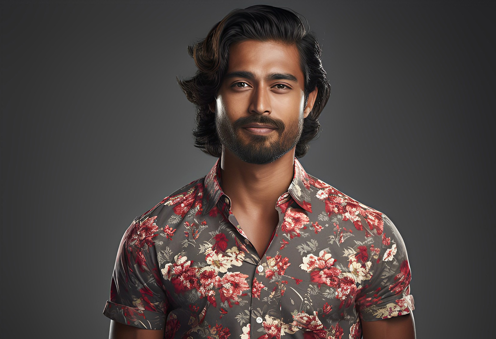 feminine man in floral shirt