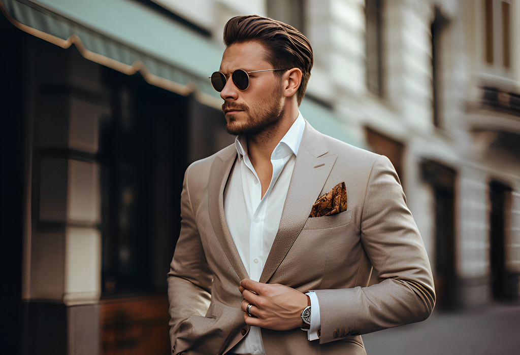 man wearing pocket square with jacket and shit no tie