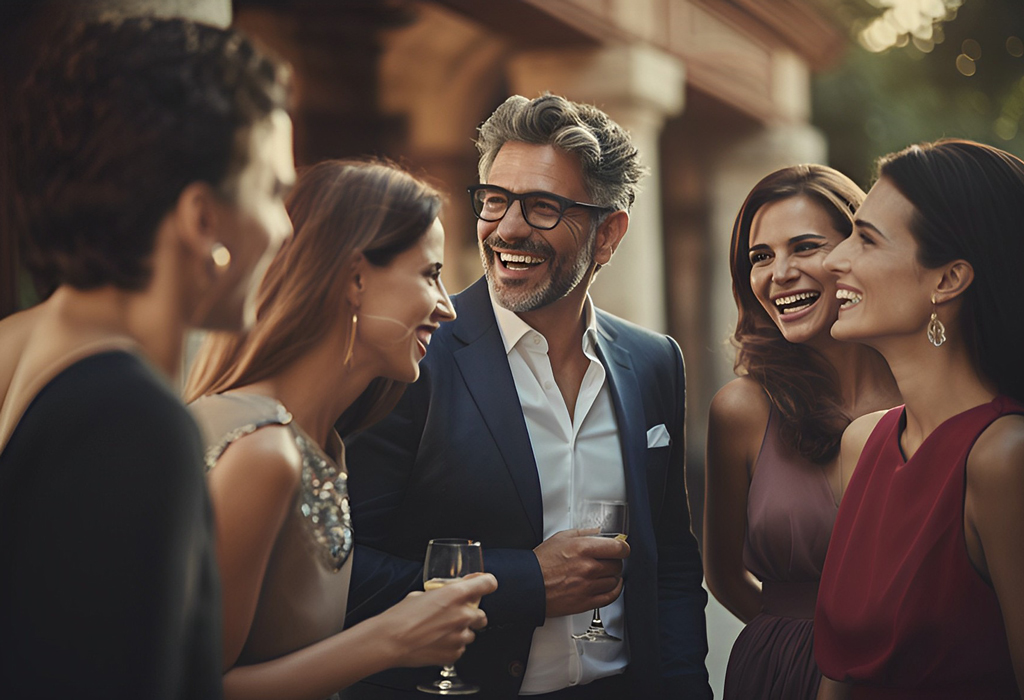 man laughing with women