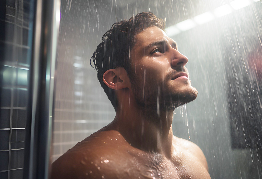 man standing under shower