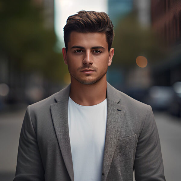 guy wearing grey suit with white t-shirt