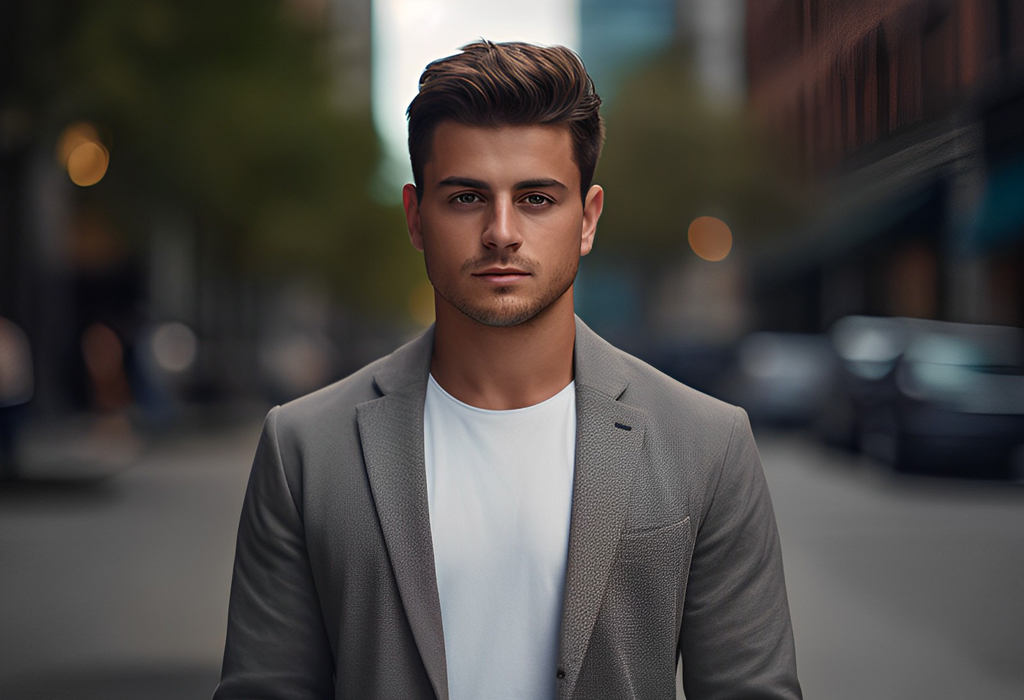 guy wearing grey suit with white t-shirt