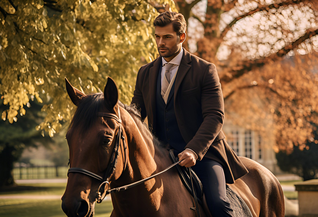 man wearing a suit riding a horse