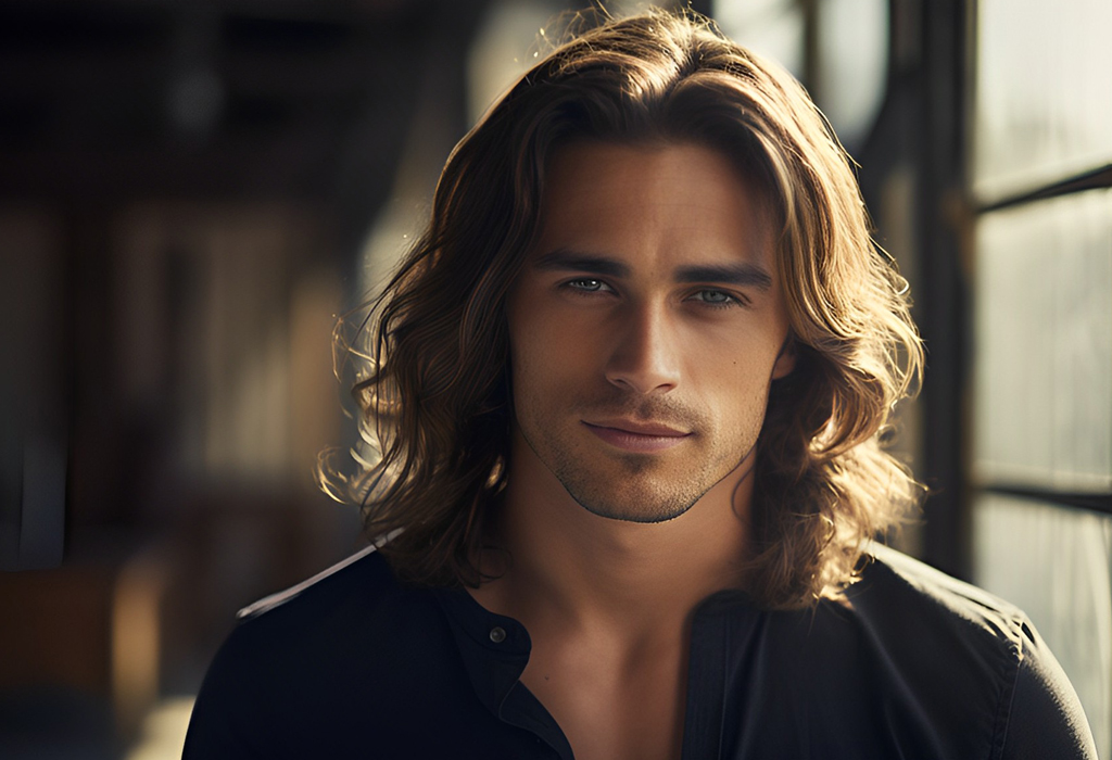 man with side part long hair