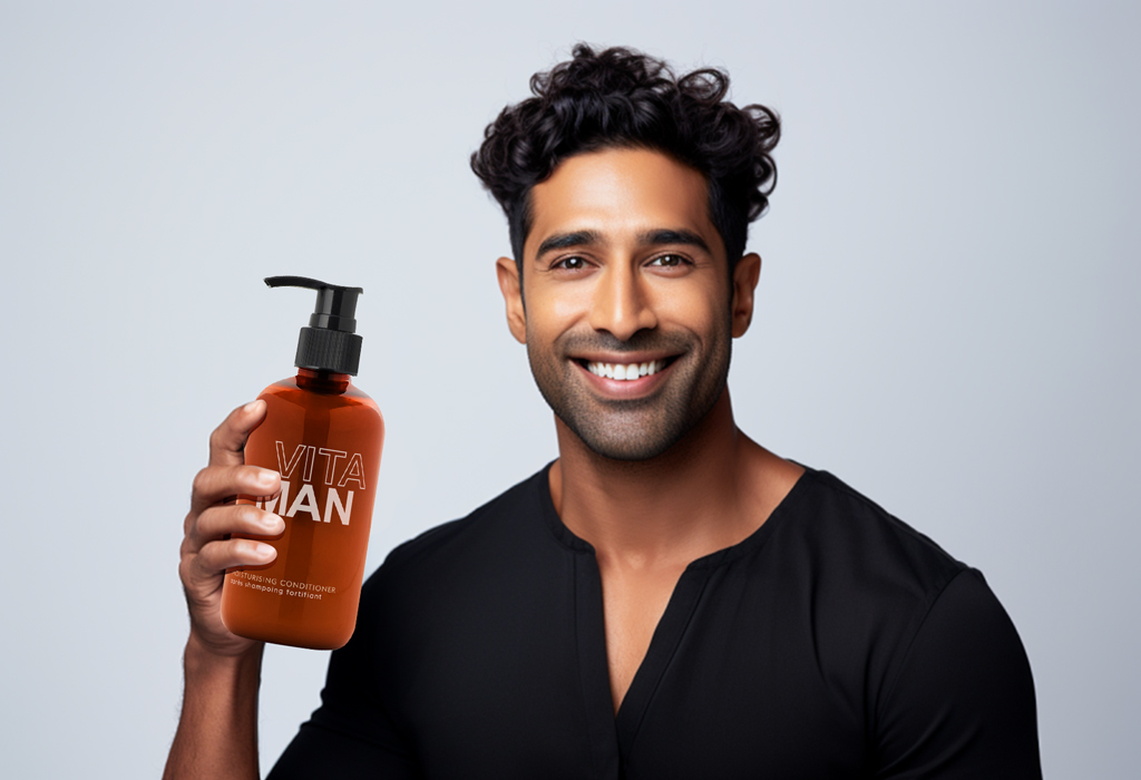 man holding vitaman conditioner helping hair grow faster naturally