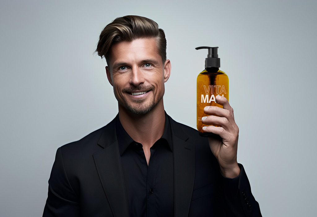 man holding natural vitaman shampoo