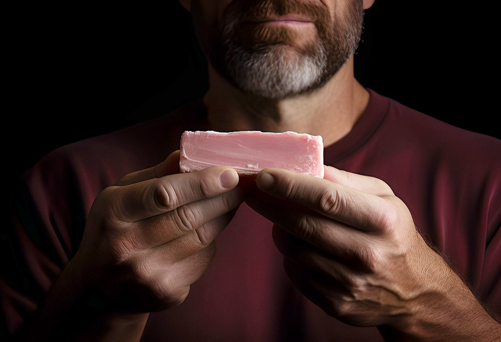 man holding natural looking soap bar 