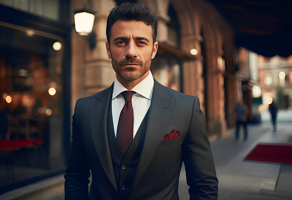 man wearing suit with Three Point Fold pocket square