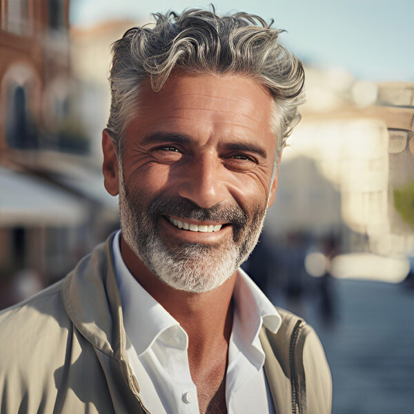 A cheerful, silver-haired man with a well-groomed beard smiles warmly at the camera, wearing a light jacket over a casual shirt. He stands on a sunlit street with blurred city architecture in the background.