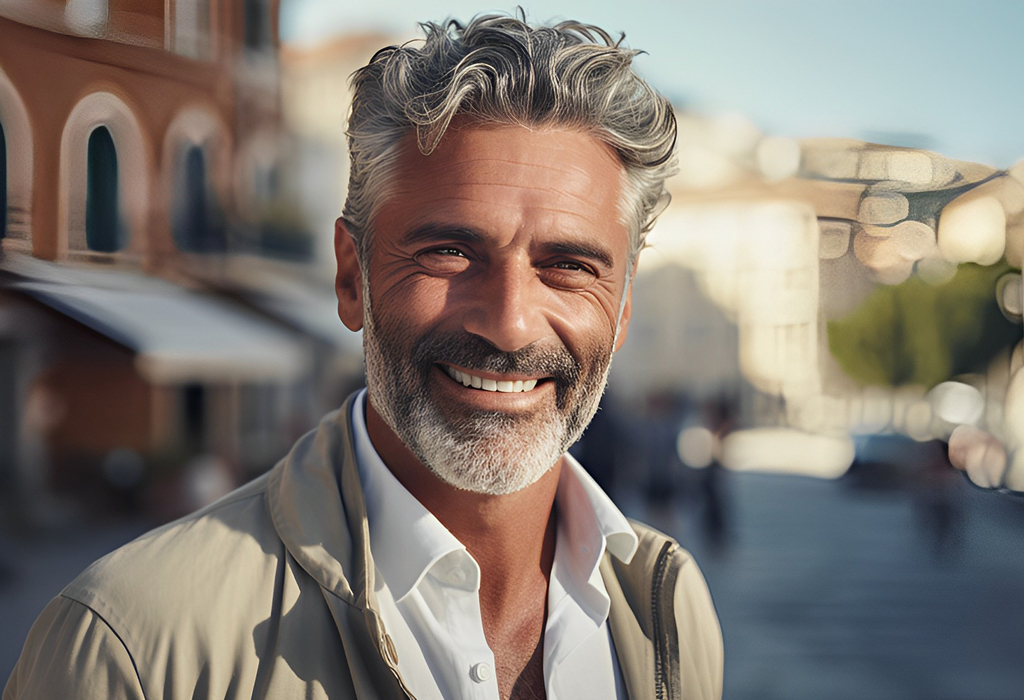 older men smiles and shows well taken care teeth