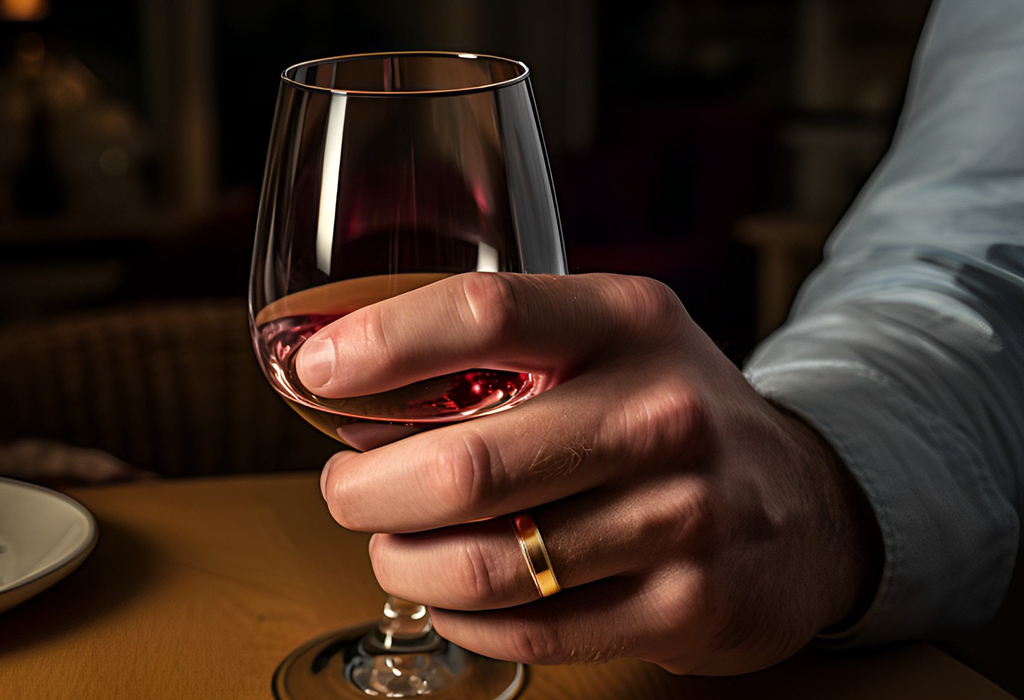 man holding glass of wine with his hand with a wedding ring