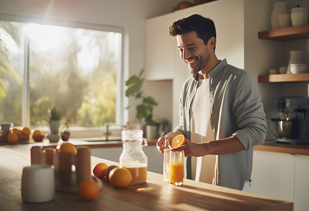 man preparing fresh orange juice with lots of vitamin c