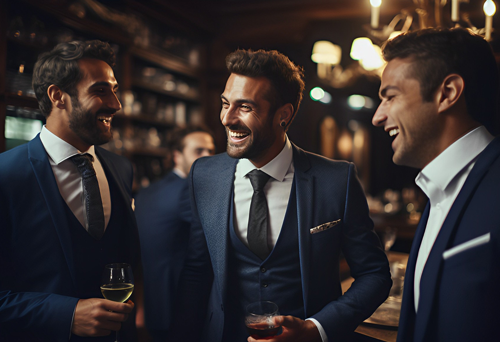 a group of men wearing suits and laughing