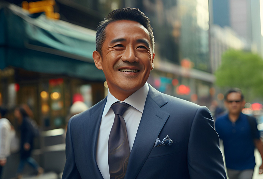 smiling older asian guy in suit and pocket square