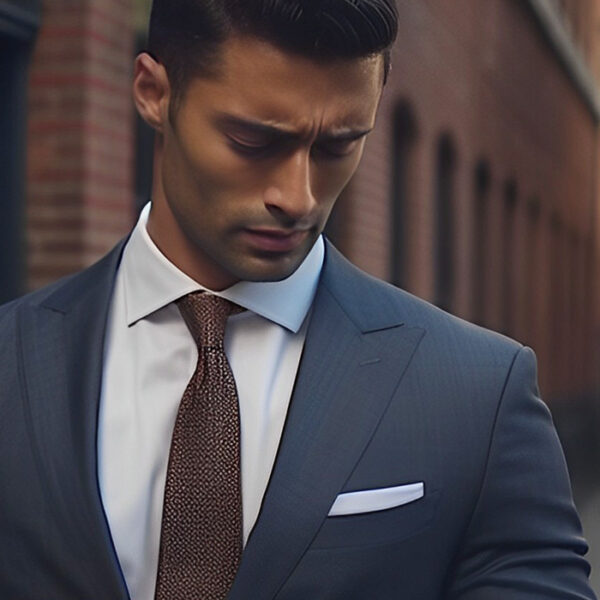 man looking at pocket square in his suit jacket pocket