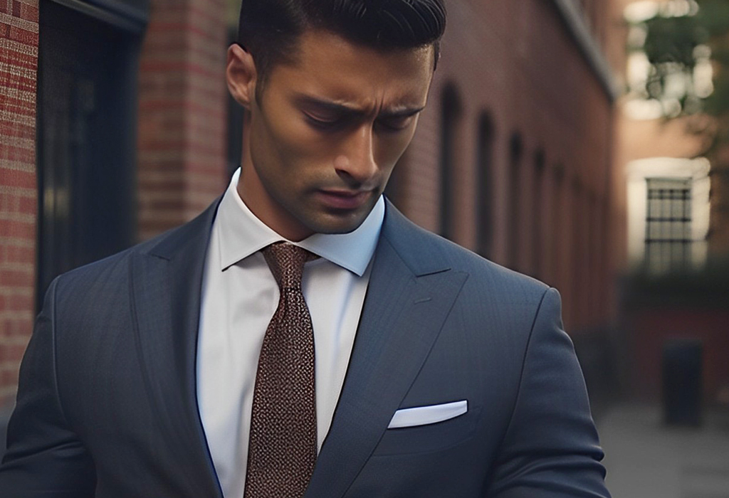 man looking at pocket square in his suit jacket pocket