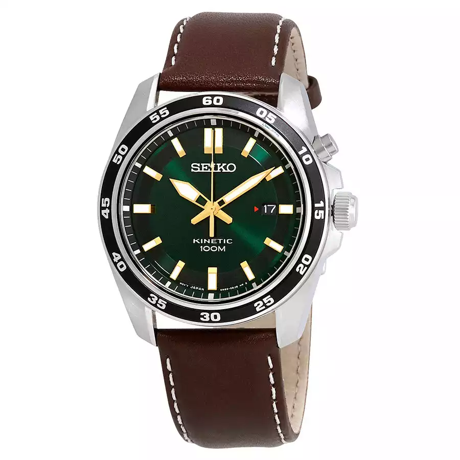 Seiko Kinetic Green Dial Brown Leather Men's Watch
