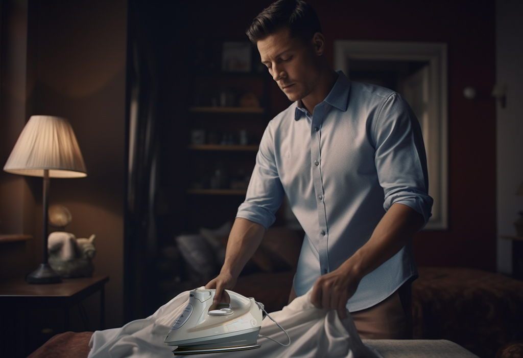 man ironing dress shirt