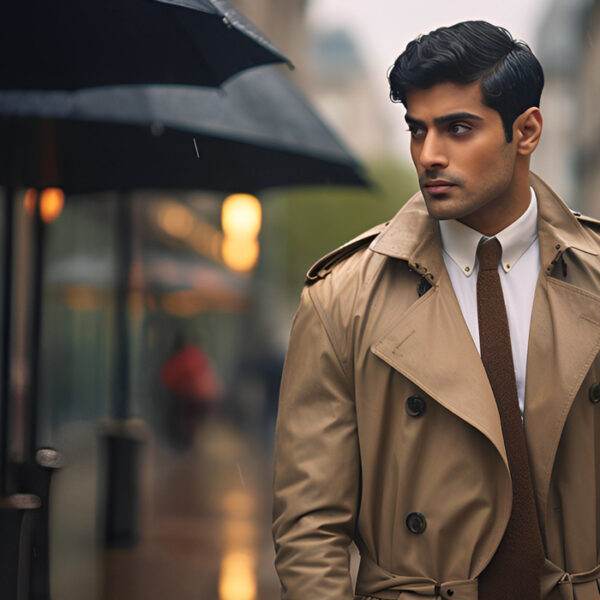 man in coat walking under the rain