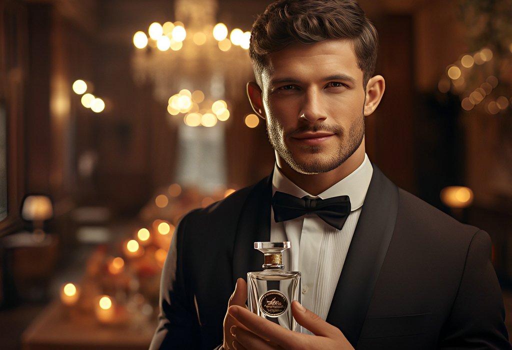 bow tie guy holding bottle of men's cologne