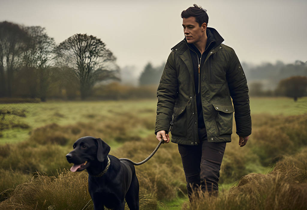 Man in jacket with dog in rainy weather