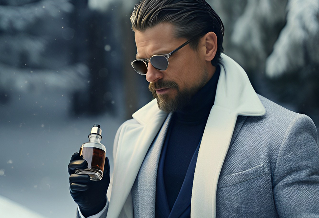 man on winter scene holding bottle of cologne
