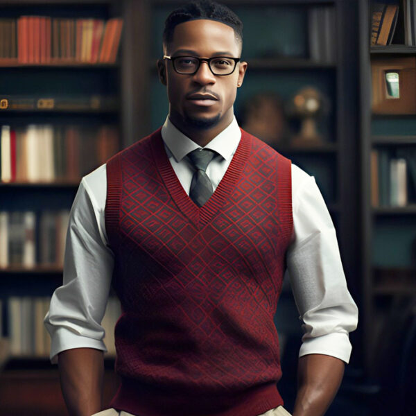 man in sweater vest in library